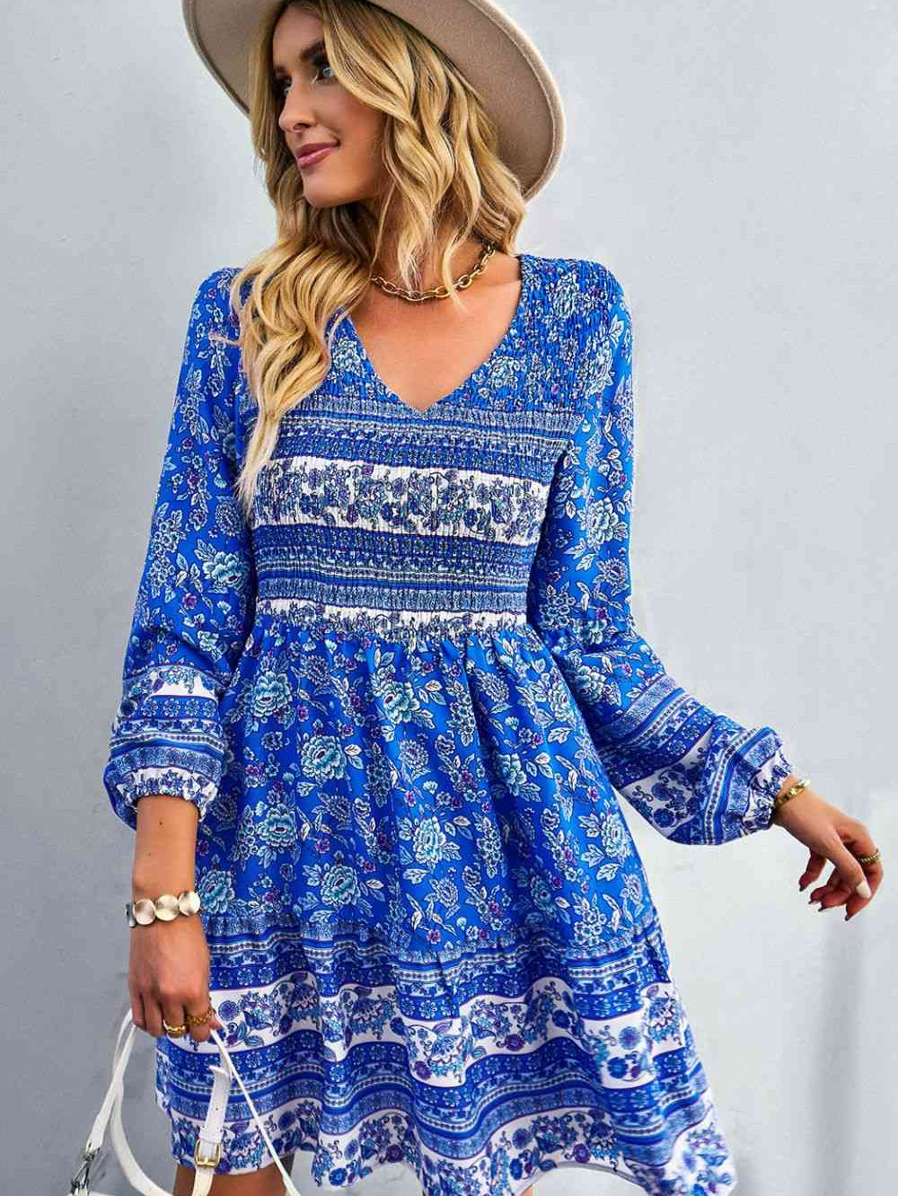 Bohemian V-Neck Balloon Sleeve Dress - Stormyjay