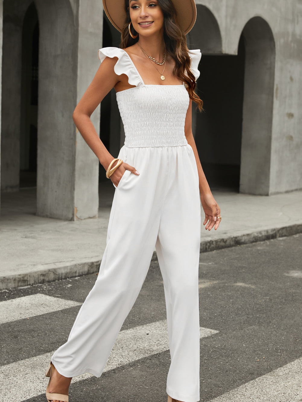 Apricot Smocked Ruffle Strap Pocket Wide Leg Jumpsuit - Stormyjay