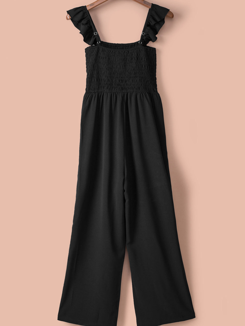 Apricot Smocked Ruffle Strap Pocket Wide Leg Jumpsuit - Stormyjay