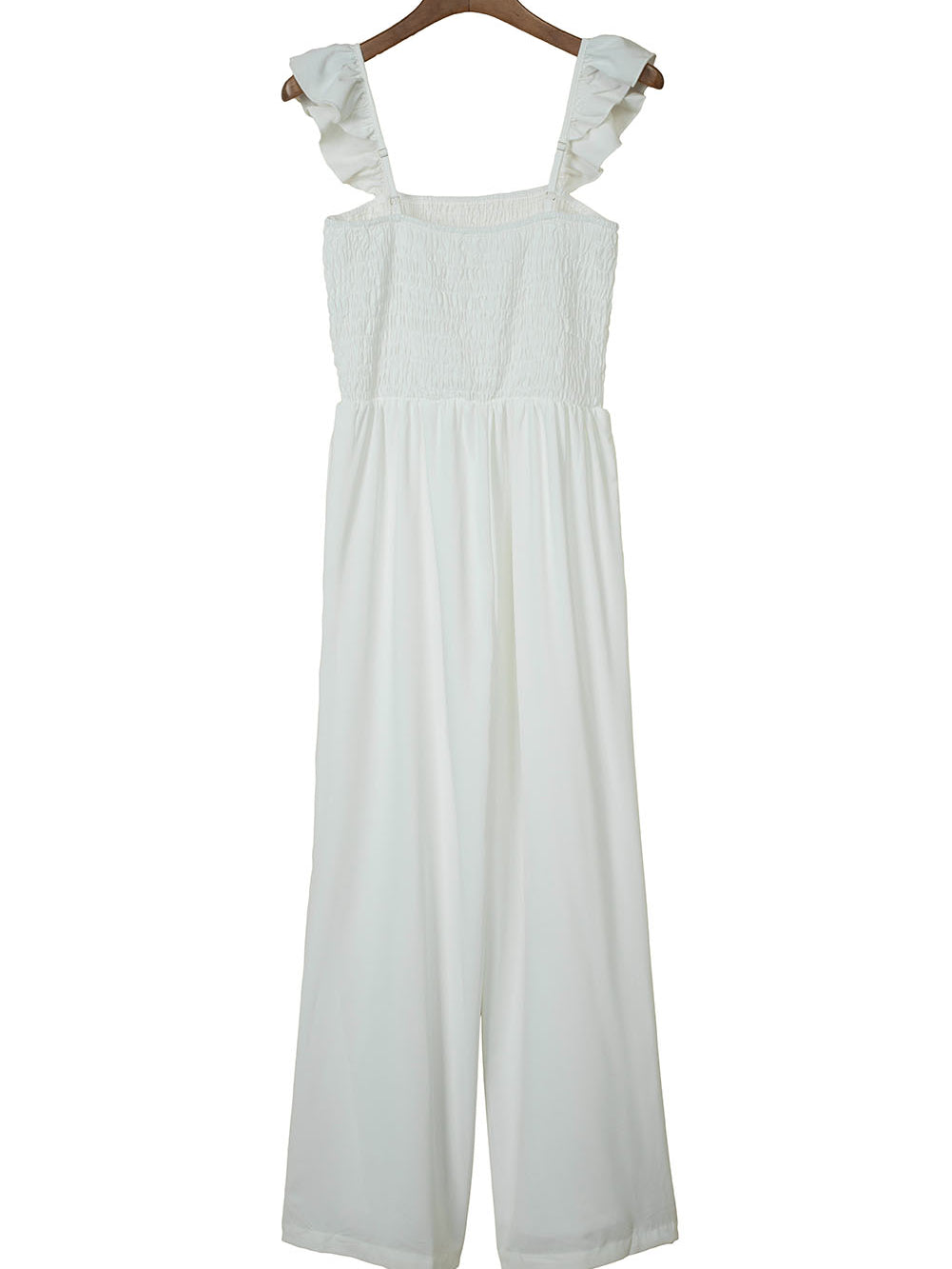 Apricot Smocked Ruffle Strap Pocket Wide Leg Jumpsuit - Stormyjay