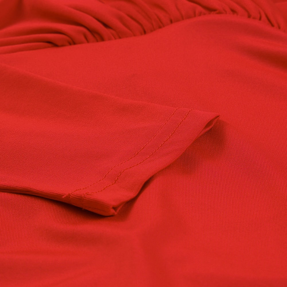 Fiery Red Long Sleeves Wrap V Neck Ruched Sheath Bodycon Dress - Stormyjay