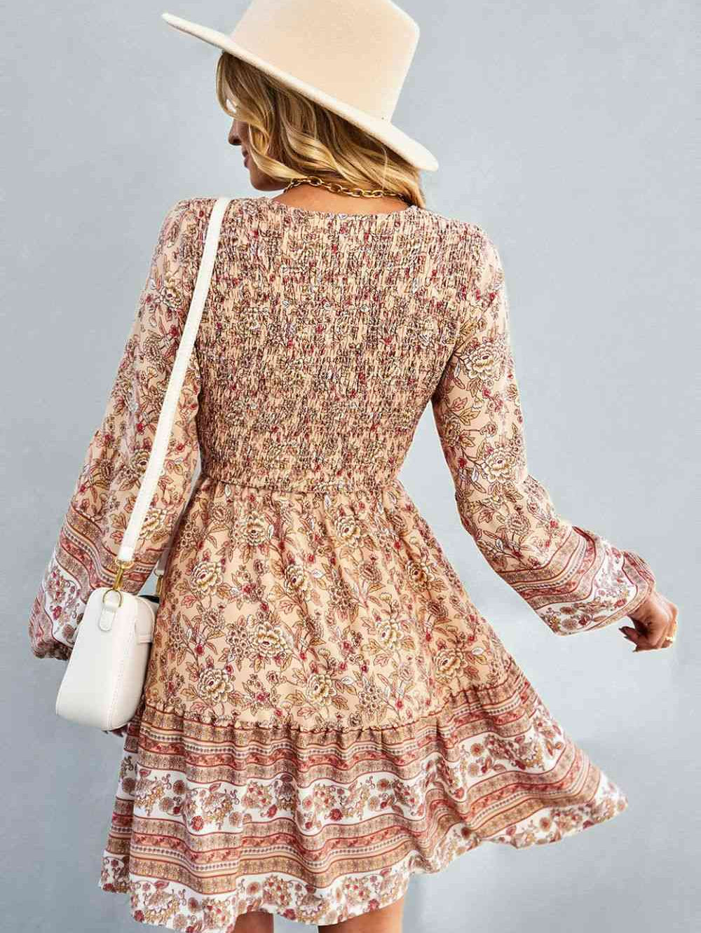 Bohemian V-Neck Balloon Sleeve Dress - Stormyjay