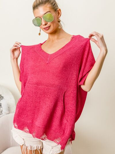 BiBi Distressed Hem V-Neck Slit Sweater - Stormyjay