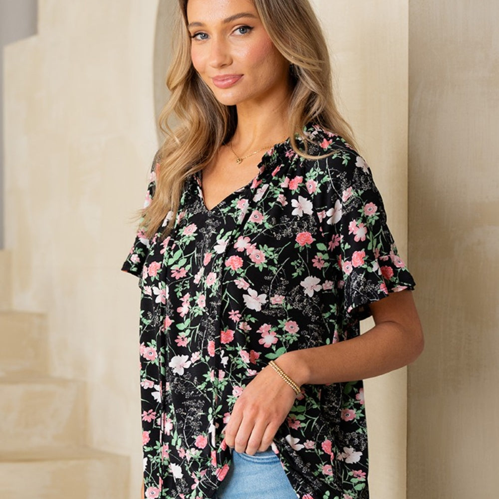 Sew In Love Floral Tie Neck Short Sleeve Blouse - Stormyjay