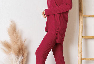 Basic Bae Full Size Ribbed Round Neck High-Low Slit Top and Pants Set