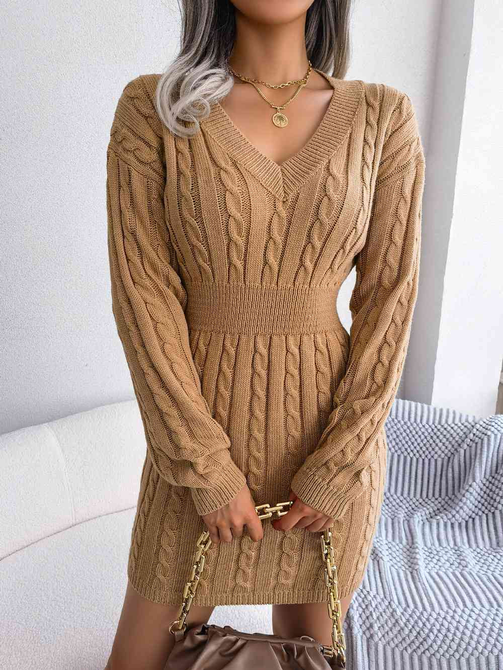 Cable-Knit V-Neck Mini Sweater Dress - Stormyjay