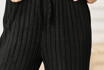 Basic Bae Full Size Ribbed Drawstring Hood Top and Straight Pants Set