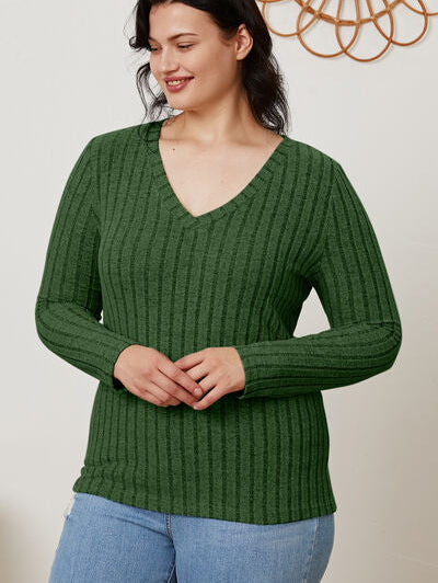 Basic Bae Full Size Ribbed V-Neck Long Sleeve T-Shirt - Stormyjay