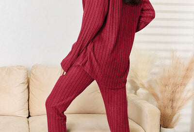 Basic Bae Full Size Notched Long Sleeve Top and Pants Set