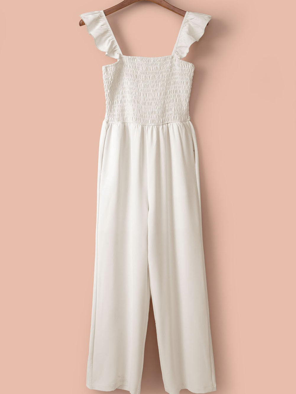 Apricot Smocked Ruffle Strap Pocket Wide Leg Jumpsuit - Stormyjay