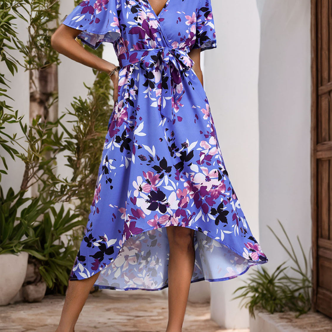 High-Low Printed Surplice Short Sleeve Midi Dress - Stormyjay