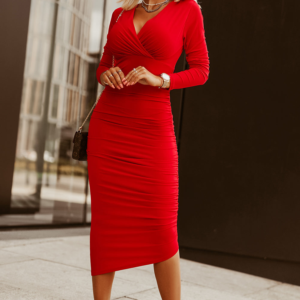 Fiery Red Long Sleeves Wrap V Neck Ruched Sheath Bodycon Dress - Stormyjay