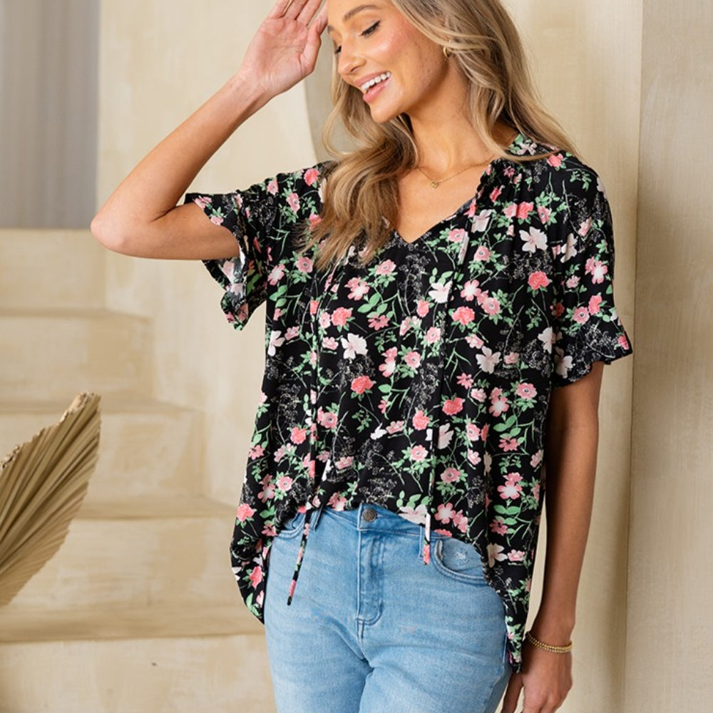 Sew In Love Floral Tie Neck Short Sleeve Blouse - Stormyjay