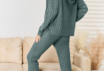 Basic Bae Full Size Ribbed Drawstring Hood Top and Straight Pants Set