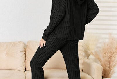 Basic Bae Full Size Ribbed Drawstring Hood Top and Straight Pants Set