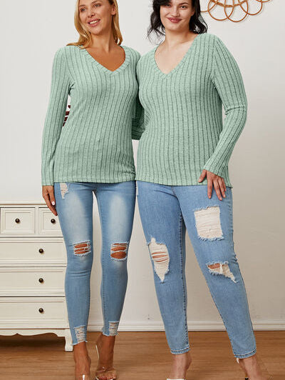 Basic Bae Full Size Ribbed V-Neck Long Sleeve T-Shirt - Stormyjay