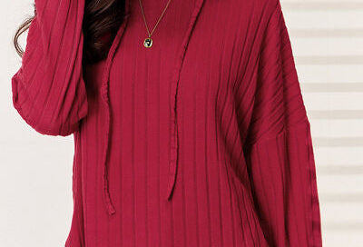 Basic Bae Full Size Ribbed Drawstring Hood Top and Straight Pants Set