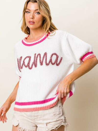 BiBi MAMA Contrast Trim Short Sleeve Sweater - Stormyjay