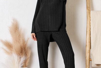 Basic Bae Full Size Ribbed Round Neck High-Low Slit Top and Pants Set