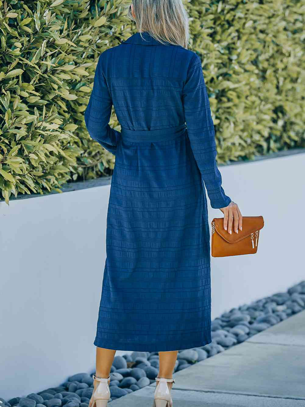 Button Front Textured Slit Shirt Dress with Belt - Stormyjay