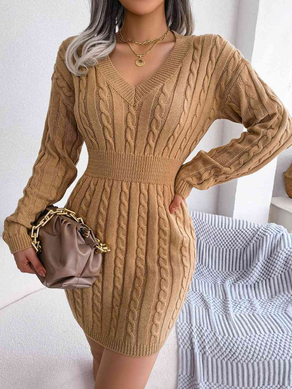 Cable-Knit V-Neck Mini Sweater Dress - Stormyjay