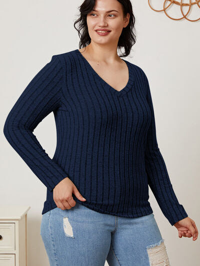 Basic Bae Full Size Ribbed V-Neck Long Sleeve T-Shirt - Stormyjay