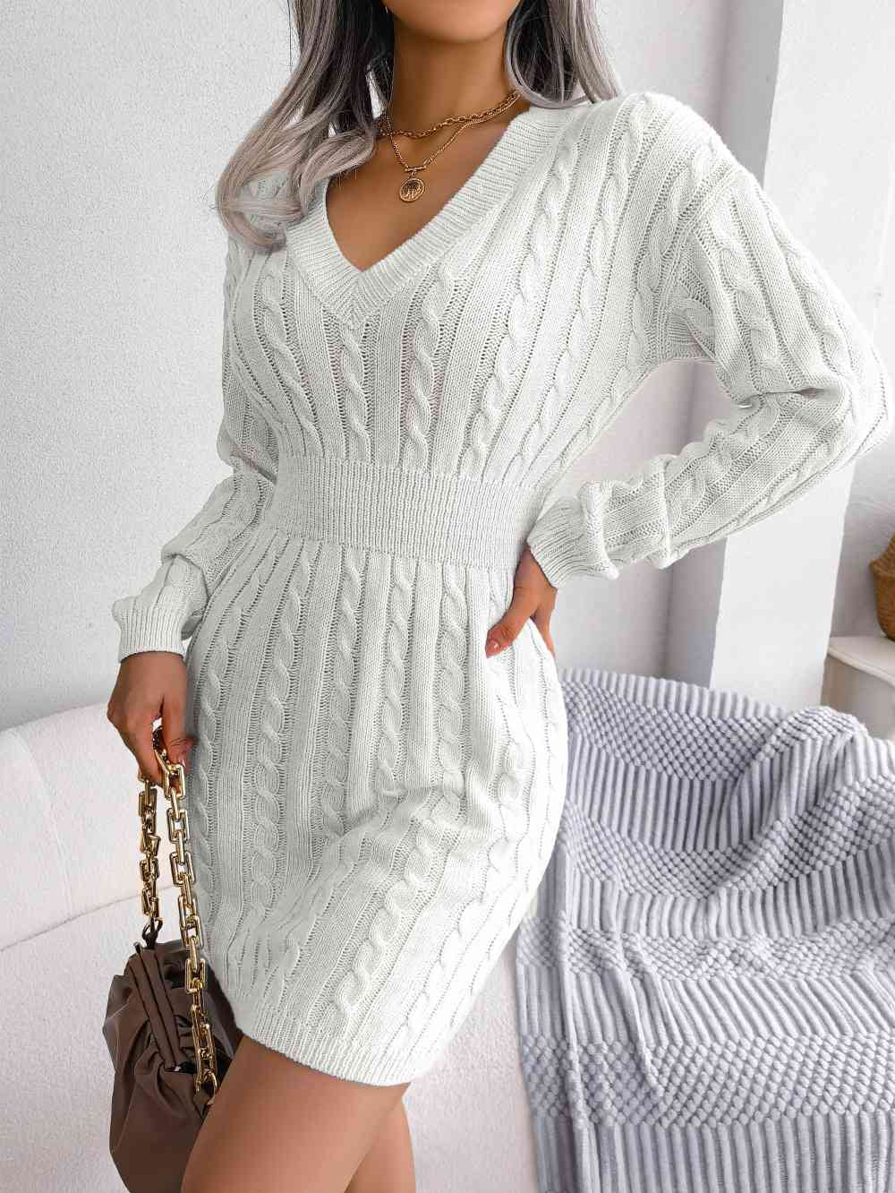 Cable-Knit V-Neck Mini Sweater Dress - Stormyjay