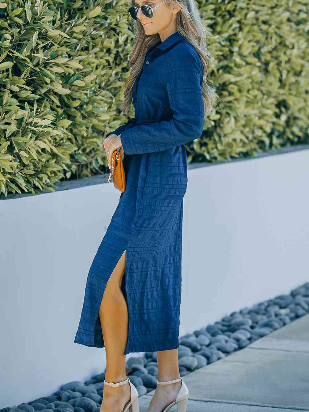 Button Front Textured Slit Shirt Dress with Belt - Stormyjay