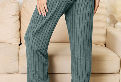 Basic Bae Full Size Ribbed Drawstring Hood Top and Straight Pants Set