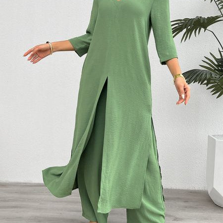 Women's Solid 2-PC Set Long Split Top Wide Leg Pant Suit H8ZF4E3S2Z - Stormyjay