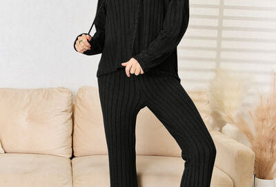 Basic Bae Full Size Ribbed Drawstring Hood Top and Straight Pants Set