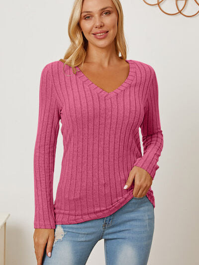 Basic Bae Full Size Ribbed V-Neck Long Sleeve T-Shirt - Stormyjay