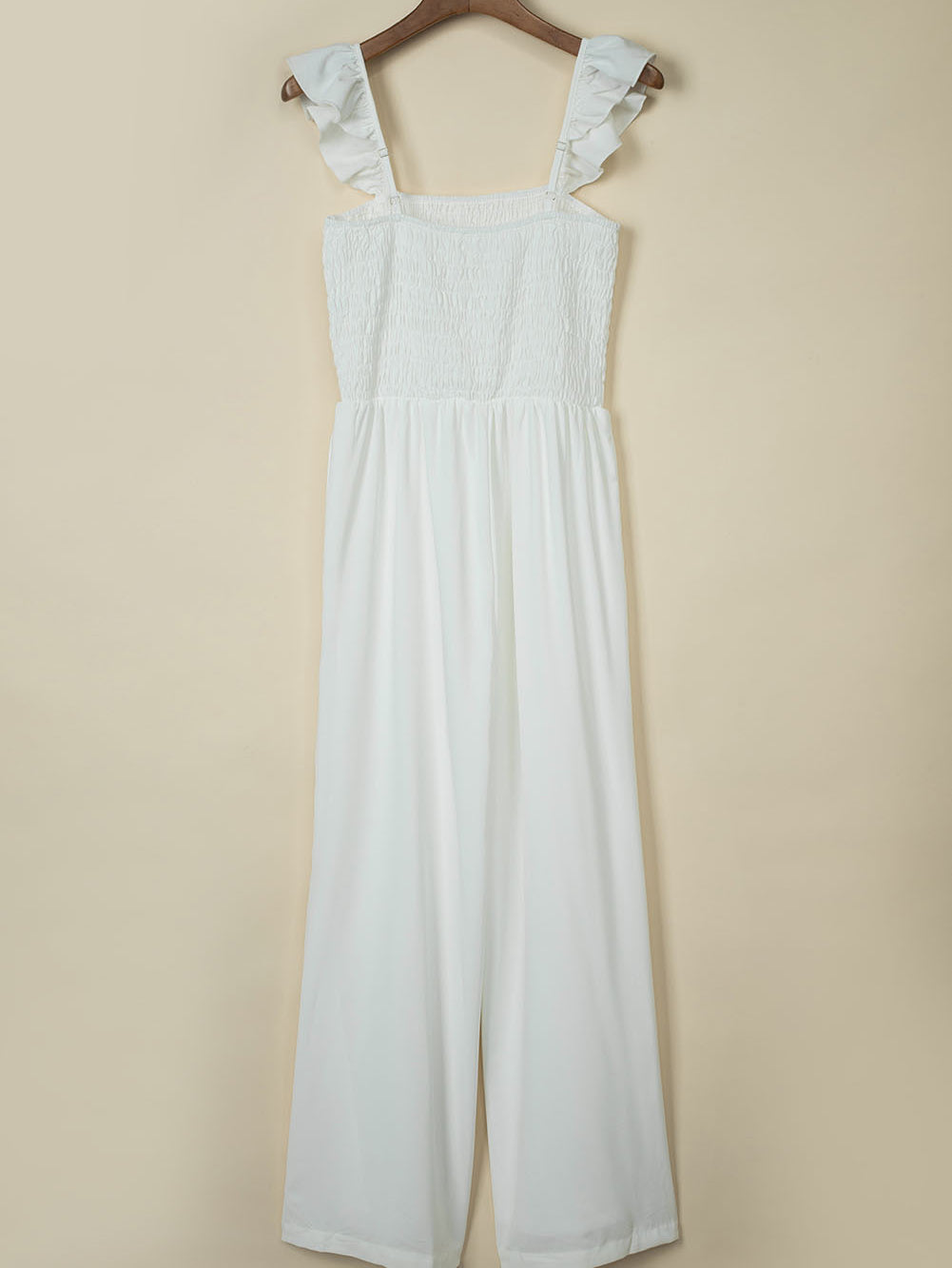 Apricot Smocked Ruffle Strap Pocket Wide Leg Jumpsuit - Stormyjay