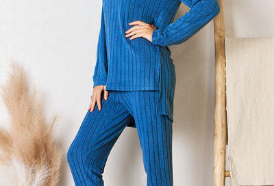 Basic Bae Full Size Ribbed Round Neck High-Low Slit Top and Pants Set