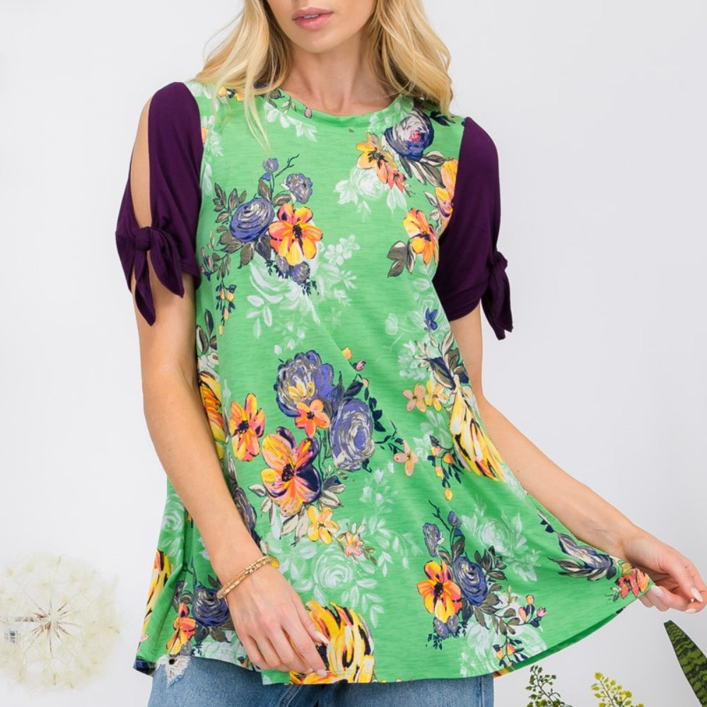 Celeste Full Size Open Tie Sleeve Round Neck Floral Blouse - Stormyjay