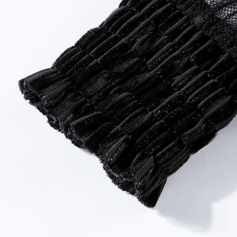 Black Dotted Mesh Striped Frilled Neck Bubble Sleeve Dress - Stormyjay