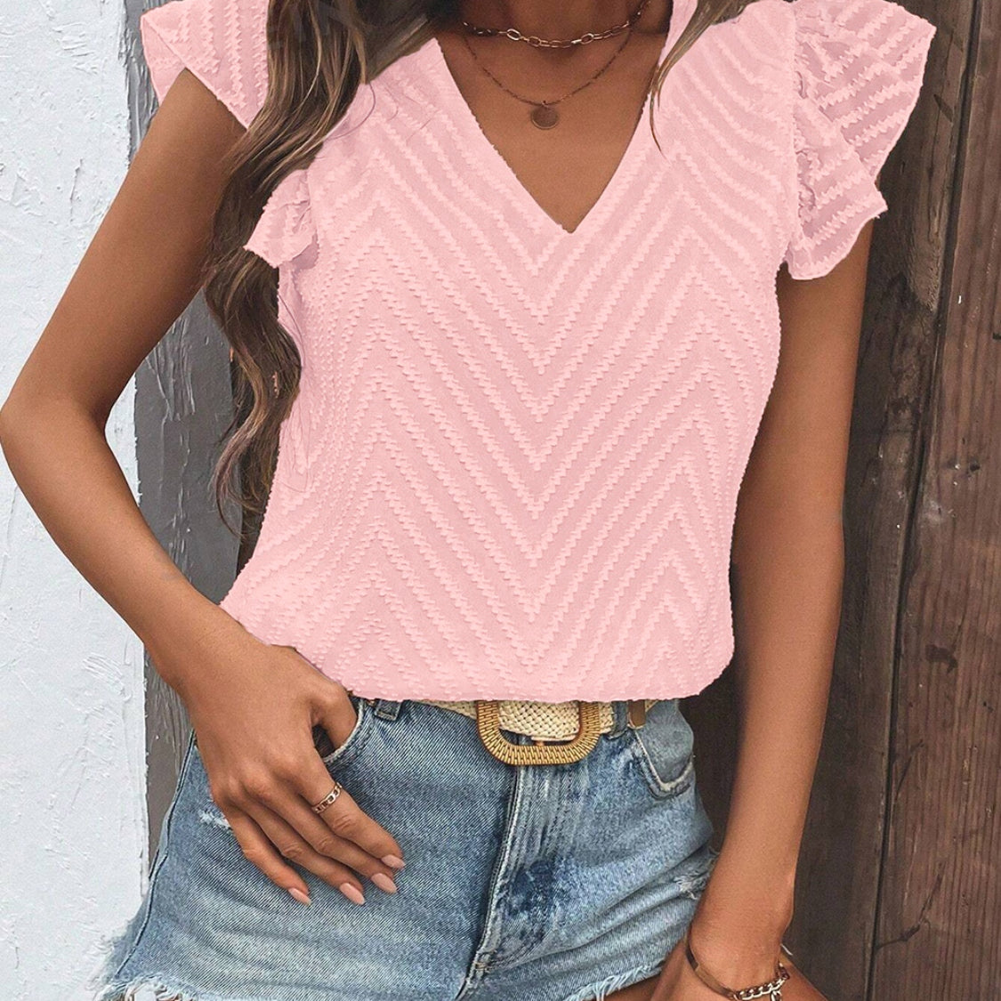 Textured V-Neck Cap Sleeve Blouse - Stormyjay
