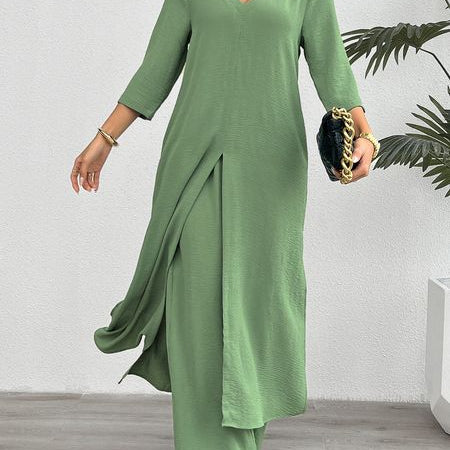 Women's Solid 2-PC Set Long Split Top Wide Leg Pant Suit H8ZF4E3S2Z - Stormyjay