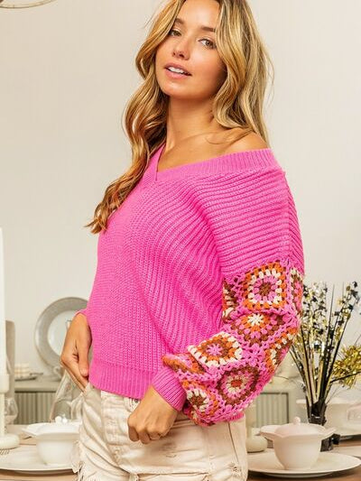BiBi V-Neck Crochet Long Sleeve Sweater - Stormyjay