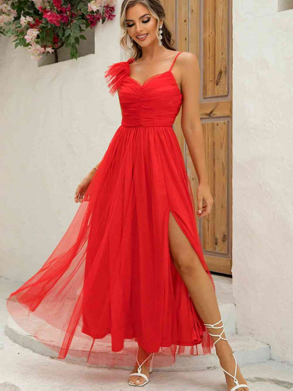 Asymmetrical Ruched Slit Dress