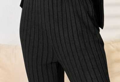 Basic Bae Full Size Ribbed Drawstring Hood Top and Straight Pants Set