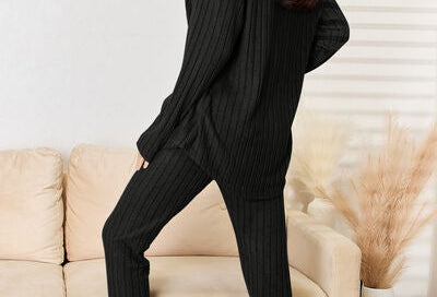 Basic Bae Full Size Notched Long Sleeve Top and Pants Set