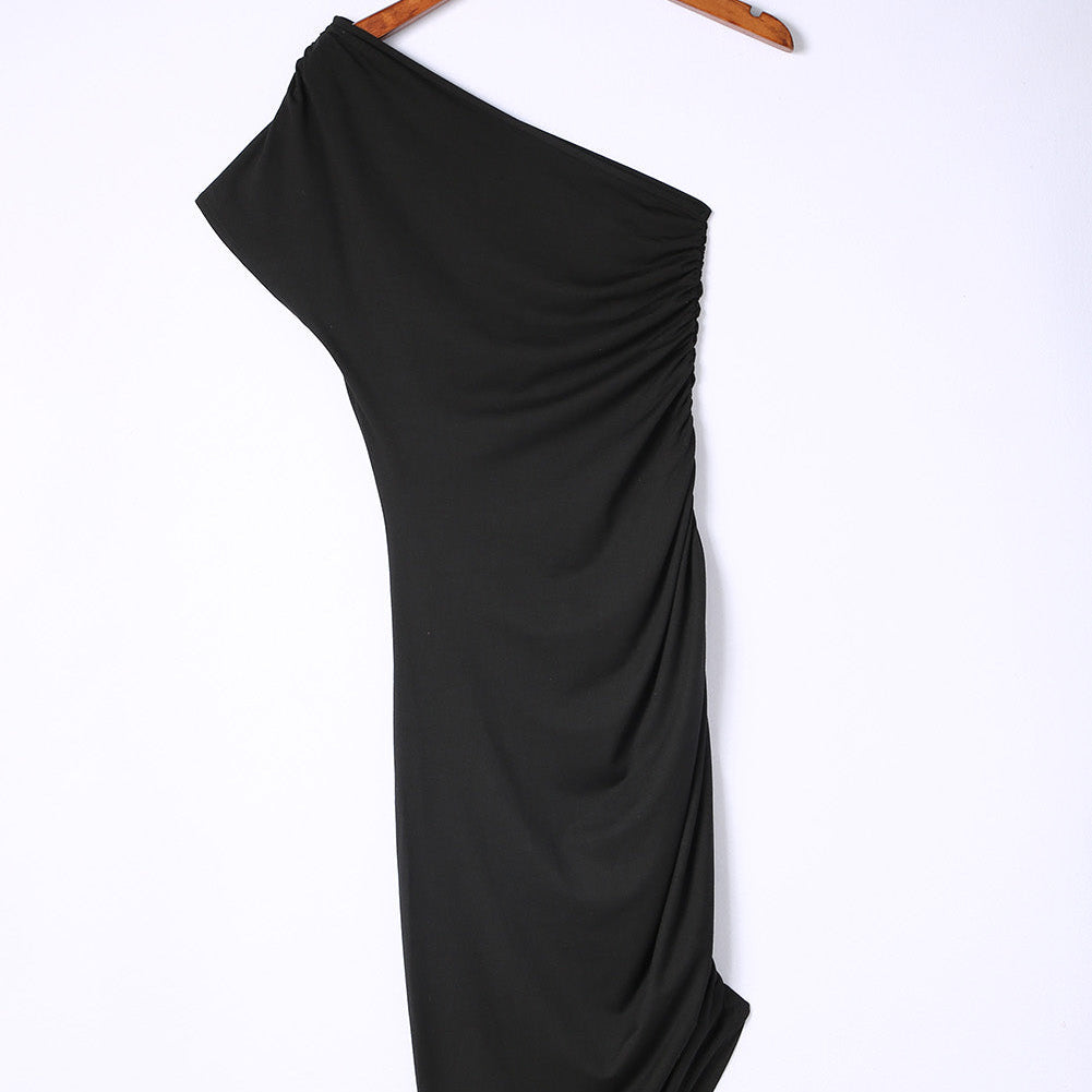 Black One-shoulder Short Sleeve Ruched Bodycon Dress - Stormyjay