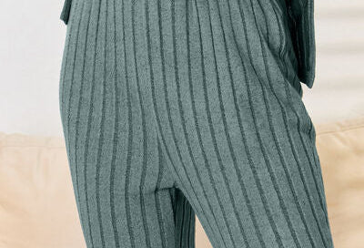 Basic Bae Full Size Ribbed Drawstring Hood Top and Straight Pants Set