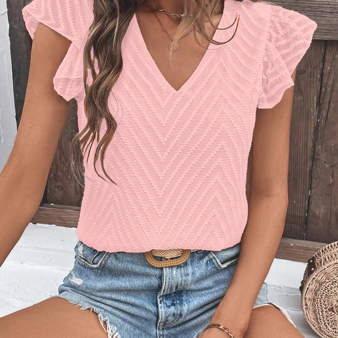 Textured V-Neck Cap Sleeve Blouse - Stormyjay