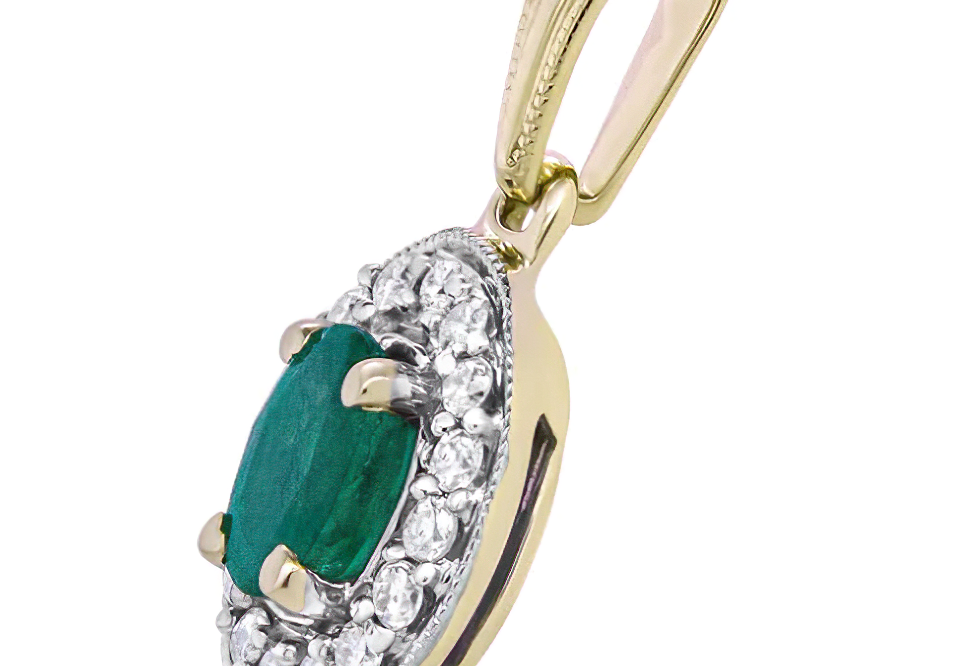 14K Yellow Gold 6x4mm Emerald and 1/5 Cttw Round Diamond Halo Pendant 18" Necklace - (H-I Color, SI1-SI2 Clarity) - Stormyjay