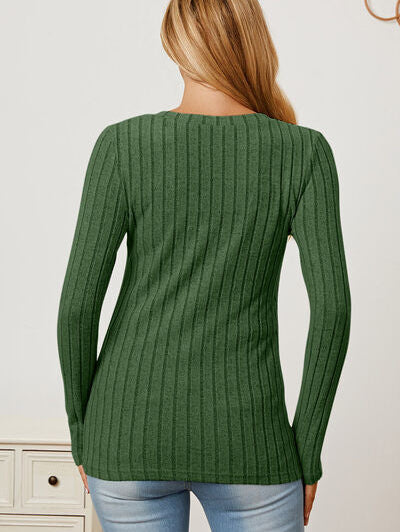 Basic Bae Full Size Ribbed V-Neck Long Sleeve T-Shirt - Stormyjay