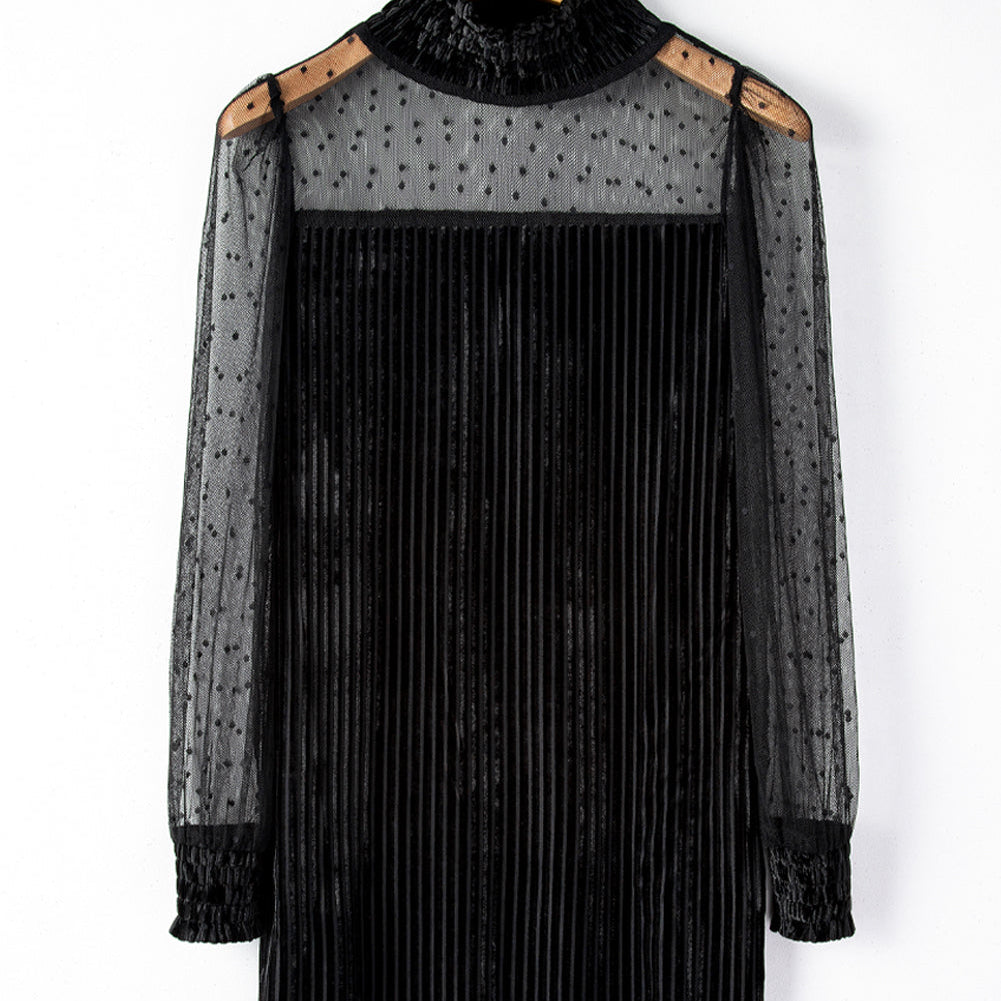 Black Dotted Mesh Striped Frilled Neck Bubble Sleeve Dress - Stormyjay