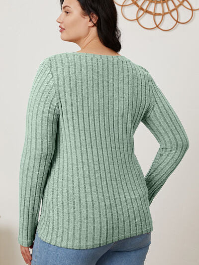 Basic Bae Full Size Ribbed V-Neck Long Sleeve T-Shirt - Stormyjay