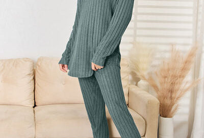 Basic Bae Full Size Notched Long Sleeve Top and Pants Set